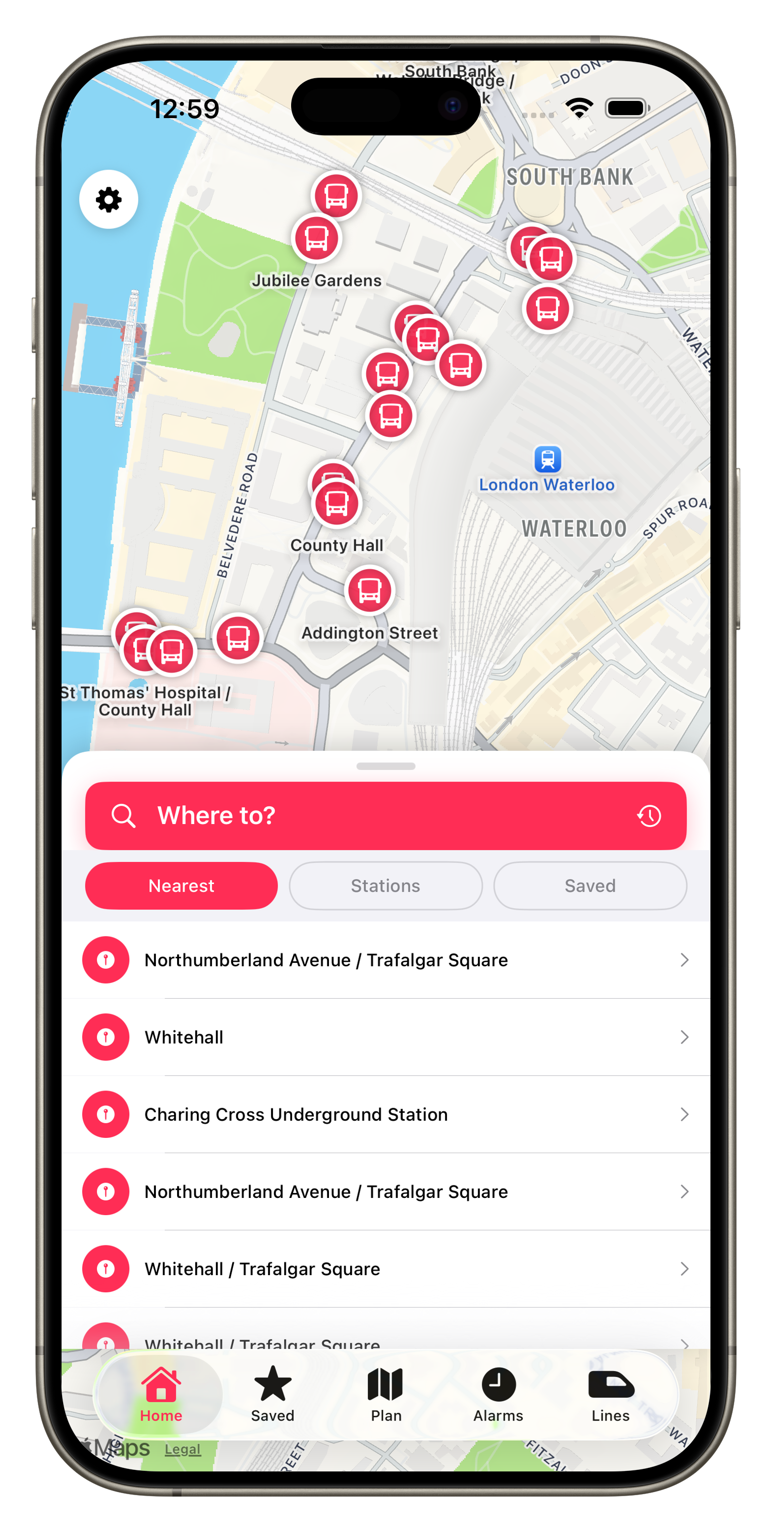 Ridevy app showing live UK bus and train times with real-time arrivals